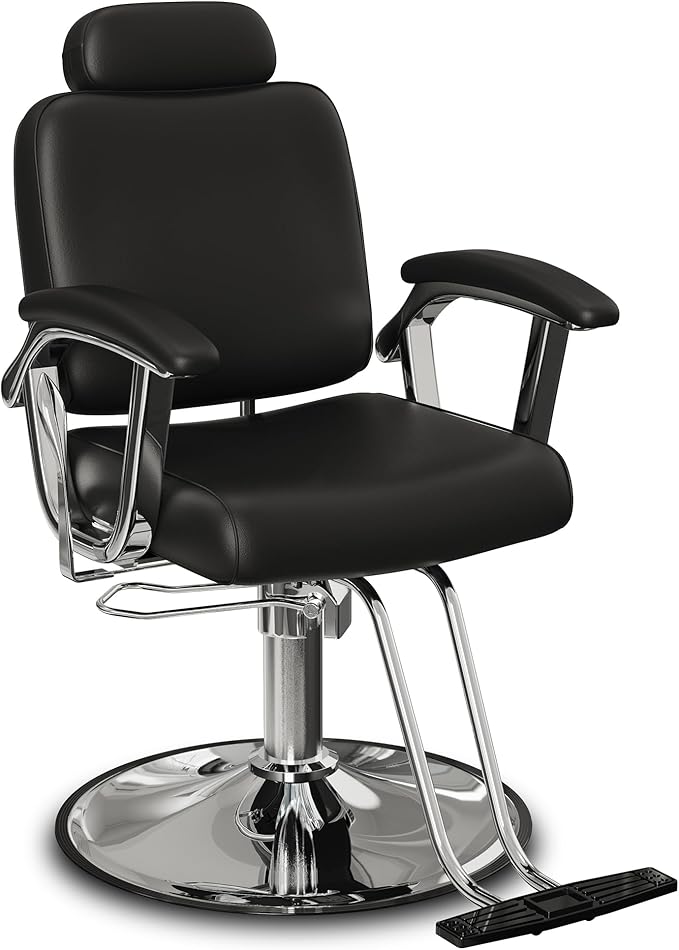 Baasha Premium Silver Reclining Salon Chair with Removable Headrest, All-Purpose Hydraulic Barber Chair, Soft PU Leather, 360° Swivel, 135° Recline, Heavy-Duty Steel Frame, 330 lbs Capacity