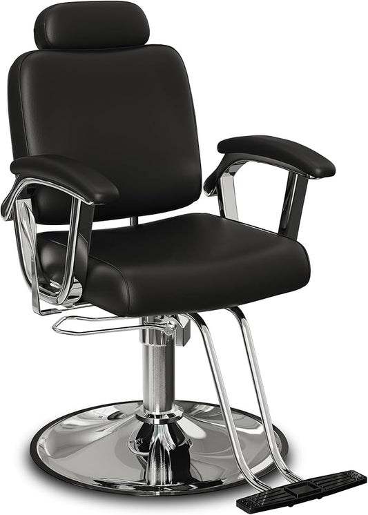 Baasha Premium Silver Reclining Salon Chair with Removable Headrest, All-Purpose Hydraulic Barber Chair, Soft PU Leather, 360° Swivel, 135° Recline, Heavy-Duty Steel Frame, 330 lbs Capacity