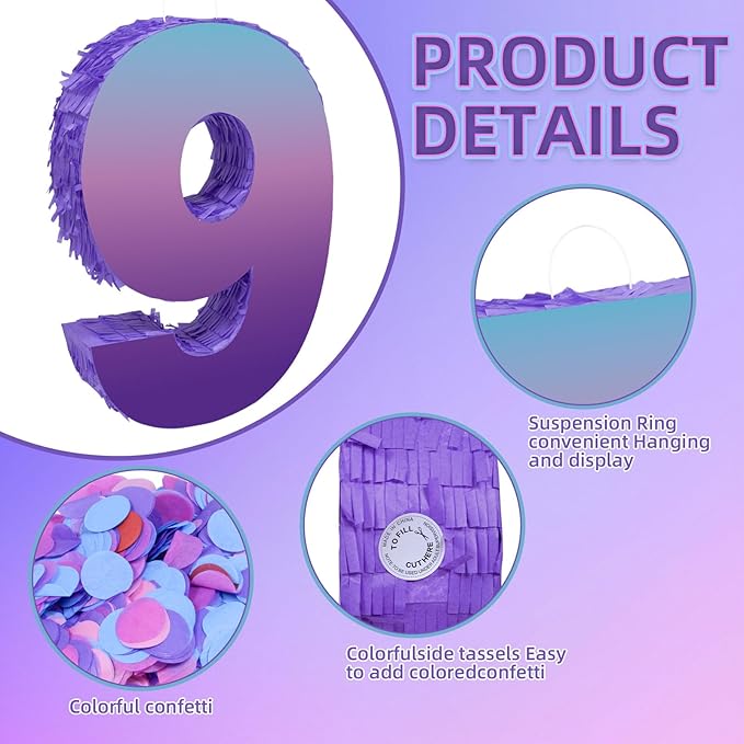Purple Birthday Party Decorations, Purple Number 9 Pinata with Stick Blindfold Confetti for Girls Boys 9th Birthday Activity Game Gift (15.7 x 11.5 x 3 In)