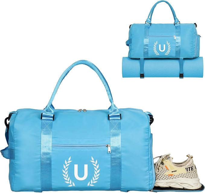 Gym Bag for Women, Personalized Duffle Bag with Shoe Compartment, Sports Bag for Yoga & Dance with Wet Pocket and Mat Strap(AquaBlue,U)