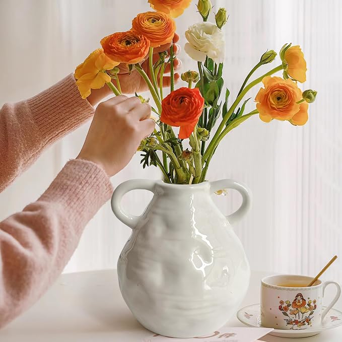 LIFFY Ceramic Vase for Flowers, 6.3 Inch Tall Farmhouse Centerpiece with Double Handles, Rustic Terracotta & Modern Navy White - Home Table Decor (White)