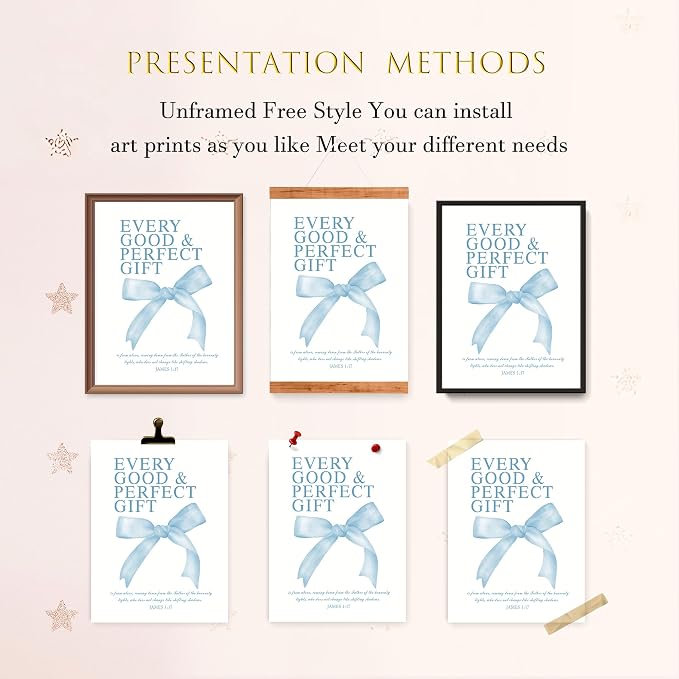 LARTSFRO Coquette Blue Bow Wall Art Decor Posters, Baby Blue Bow Room Bedroom Bathroom Dorm Wall Art Decor Aesthetic for College Teen Girls Gifts, Inspirational Bible Verses Bow Wall Decor, 12x16 Inch Set of 4 Pcs Bow Pictures (UNFRAMED)