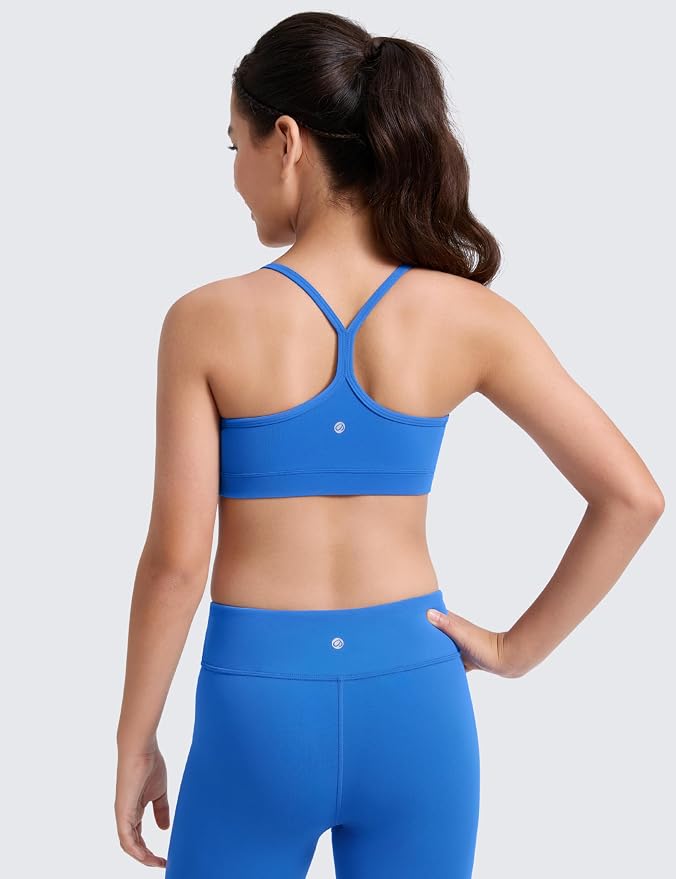 CRZ YOGA Girls Butterluxe Y Back Sports Bra - Yoga Athletic Casual Tops Scoop Neck Spaghetti Strap Padded Crop Kids Teen