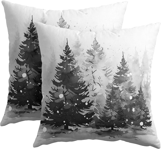 Kawani Winter Trees Throw Pillow Covers 22x22 Inch Set of 2 Grey Pine Tree Snow Forest Square Pillowcase Cotton Linen Cushion Cover for Couch Sofa Room Indoor Outdoor Holiday Decor