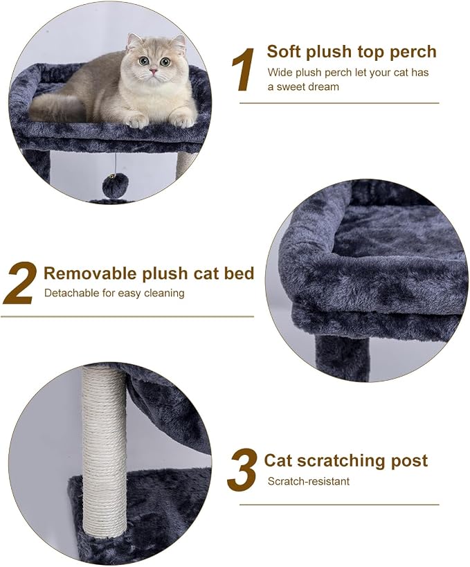 SYANDLVY Small Cat Tree for Indoor Cats, Activity Cat Tower for Kittens | Scratching Post, Cat Condo & Furniture with Basket & Hanging Ball for Play Rest, Smoky