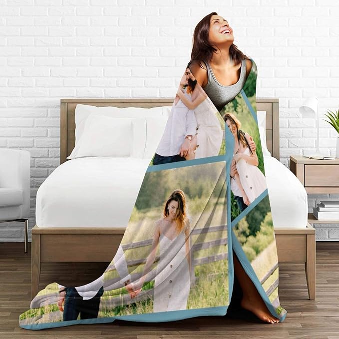 Custom Blanket with Picture Text, Personalized 3 Photo Blanket, HD Printing Customized Flannel Throw Blanket Gifts for Mom Dad Couple Girlfriend Boyfriend Wife Husband Christmas