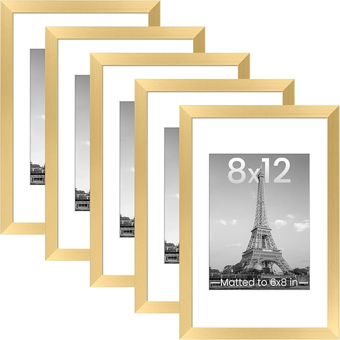 upsimples 8x12 Picture Frame, Gallery Wall Frames Set of 5, Gold | Photo Frame Collage Wall Decor, 6x8 Picture Frame with Mat for Family, Baby, Wedding, Hallway, Christmas