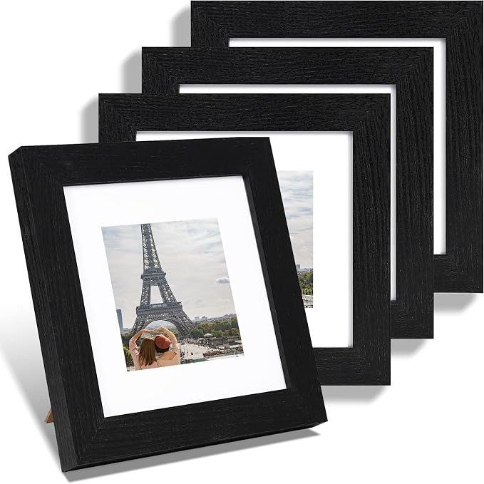 Hongkee 6x6 Picture Frame Set of 4, Made of Glass and Rustic Black Wooden Frame - Display Picture 4x4 with Mat or 6 x 6 Without Mat, 6x6 Photo for Wall or Tabletop