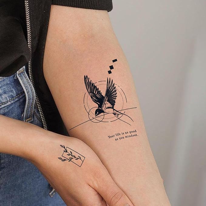 Semi Permanent Tattoos, 2 Sheets Large Realistic Crown Weight Quotes Wings & Hummingbird Temporary Tattoos for Men Back Chest Women Arms Calf, 2 Weeks Fake Tattoos, Waterproof and Non-Reflective
