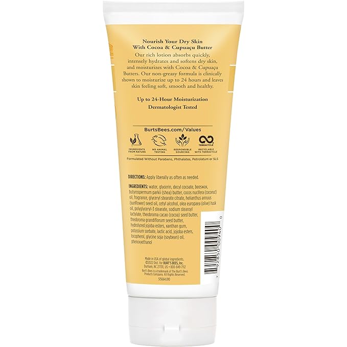 Burt's Bees Butter Body Lotion for Dry Skin with Cocoa & Cupuaçu, 6 Oz,Pack of 3 (Package May Vary)