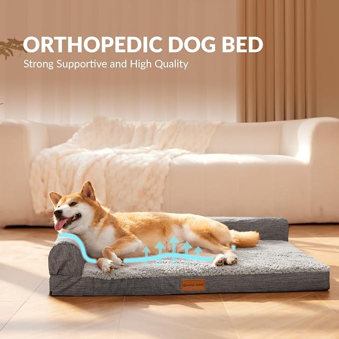 Patas Lague Orthopedic Large Dog Bed Washable Pet Sofa Bed 36''X24'' Grey | 2-Sided Bolster Egg-Crate Foam Dog Couch Large Sized Dogs, Waterproof Removable Washable Cover, Nonskid Bottom Pet Crate Mat