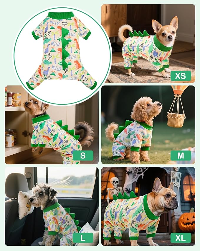 CuteBone Dinosaur Costume Dog Pajamas, Stretchy Spandex Crystal Velvet Sleepwear Coat for Small Dogs, Soft & Warm Pet Outfit Clothes for Cold Weather, Cozy Pullover Design COSP15L