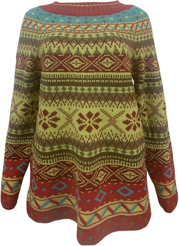 Zhyaj Fair Isle Sweater for Womens Winter Long Sleeve Vintage Knitted Sweater Casual Fall Crew Neck Pullover Sweaters