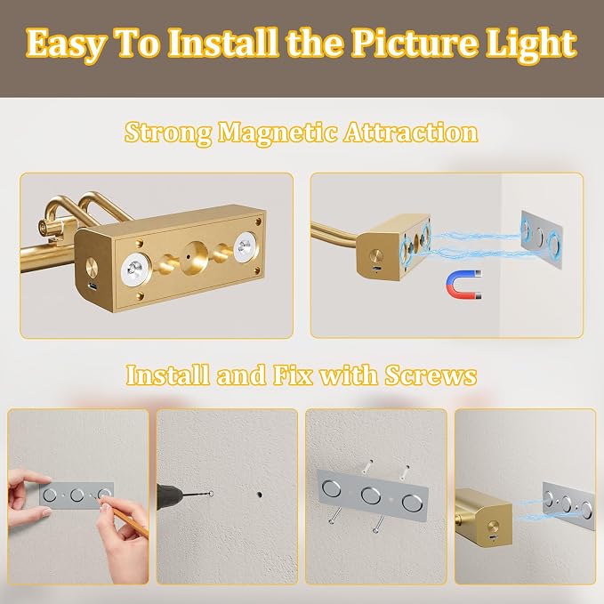 13.8'' Battery Operated Picture Light for Wall, Remote Control | 4000mAh Cordless,Gold Wall Light, Magnetic for Easy to Charge,Timers, Display for Gallery Living Room Bedroom