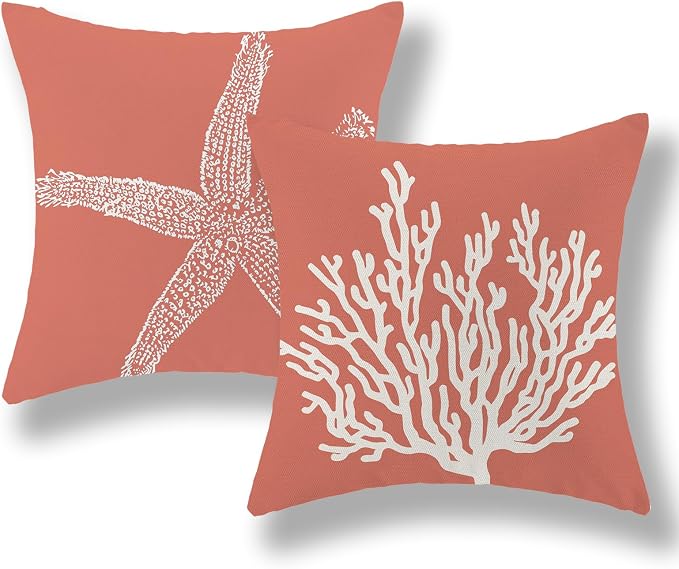 Orange Starfish Pillow Covers 18x18 Inch Set of 2, Nautical Ocean Coastal Coral Throw Pillows Spring Summer Decorations Linen Pillowcase Outdoor Decor Farmhouse Cushion Case for Home Holiday