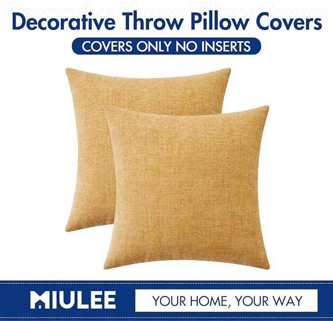 MIULEE Soft Chenille Throw Pillow Covers Gold 18x18 Inch Pack of 2 | Modern Home Decor, Classic Decorative Pillows, Solid Dyed Cases, Boho Couch Cushion Covers for Sofa Bed Living Room