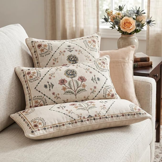 Designer Vintage Linen Throw Pillow Cover,28"x12"-Cornucopia B | Elegant French Rectangle Pillow Cover,Concealed Zipper Design,Floral Pattern,Sofas,Bedroom,Living Room,Lounge Chairs
