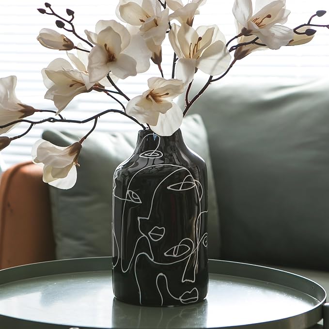 Kimdio Ceramic Vase Set, 2pcs Black and White Abstract Irregular Design Flower Vases, Modern Home Decor Living Room Decor Minimalist Decorative Vase for Pampas Grass