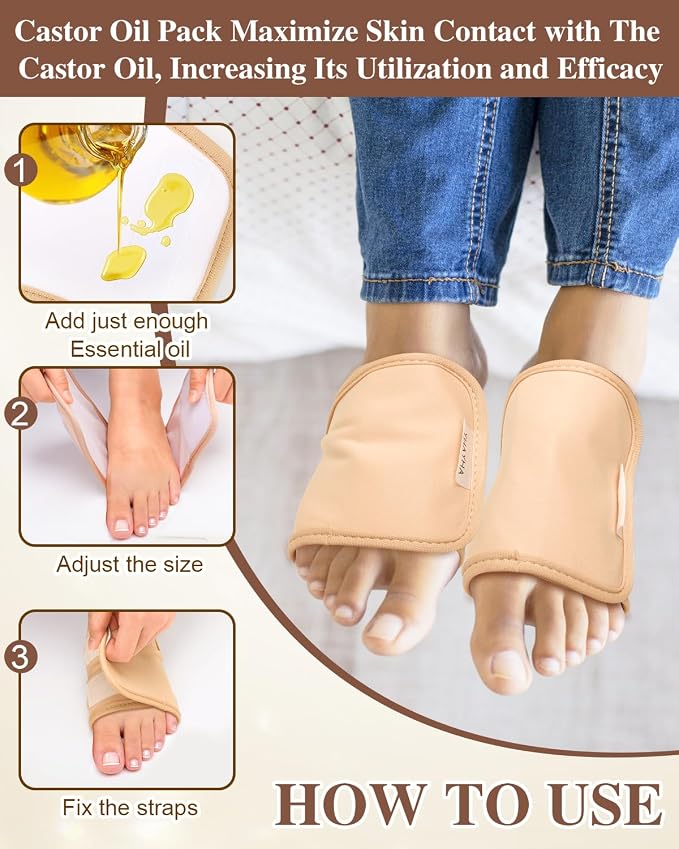 2 Packs Castor Oil Pack Wrap for Feet, Reusable Organic Castor Oil Foot Wrap with Hook and Loop Strips, Less Mess, Comfort Fit