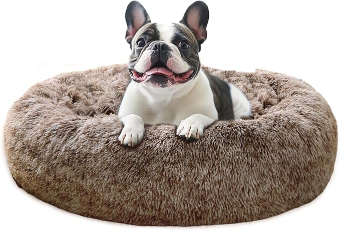 JOLLYVOGUE Calming Dog Beds Large Sized Dog, 36in Donut Washable Large Pet Bed, Anti-Slip & Anti-Anxiety Fluffy Faux Fur Round Dogs Bed, Fits up to 80 lbs Pets (Smoke Brown)