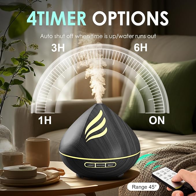 Essential Oil Scent Diffuser: 500ML Aroma Diffuser for Home Bedroom - 14 Colors LED, Remote Control, Ultra-Quiet Cool Mist Scent Diffuser with Timer for Family - Black
