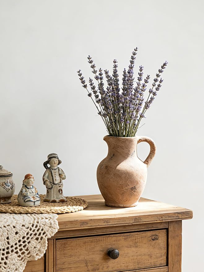 Kanwone Ceramic Flower Vase with Handle, Farmhouse Rustic Decorative Terracotta Vase for Home Decor, Centerpiece, Living Room, Kitchen, Table, Dining Room, Retro