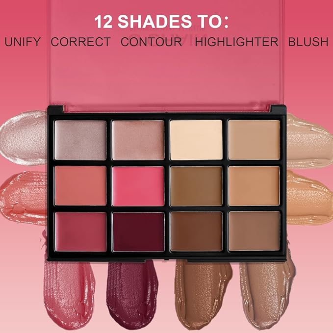 O'CHAIN 12 Colors Cream All in One Face Palette Set, Contour Blush Highlighter Makeup Palette Kit, Long Lasting, Beauty Gift for women, Ideal for Christmas Valentine's Day and Festival
