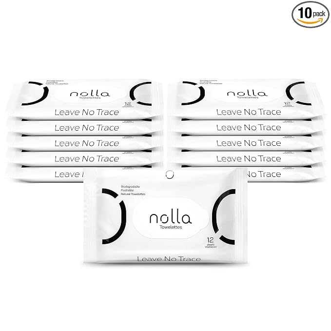 Nolla Flushable Wipes Travel Packs, 100% Plant-Based, Plastic-Free and Biodegradable - Unscented + Soothing Aloe and Vitamin E 120 Count (10 Packs of 12)