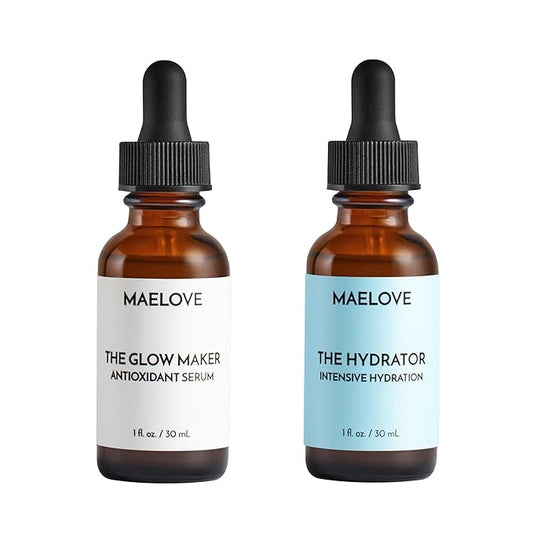 MAELOVE Glow Maker Vitamin C Serum + Hydrator Hyaluronic Acid B5 Serum Duo - Anti-Aging, Fine Line & Dryness Treatment - Lightweight, Clean Skincare