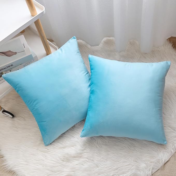 Velvet Decorative Throw Pillow Covers, Soft Square Cushion Case Home Decor for Living Room Couch Bed Sofa, Set of 2 Pack, Light Blue, 16x16 Inch