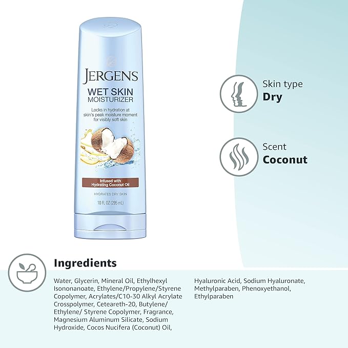 Jergens Wet Skin Body Lotion with Coconut Oil, In Shower Lotion for Dry Skin, Fast-Absorbing, Non-Sticky, Dermatologist Tested, 10 Ounce (Pack of 4)