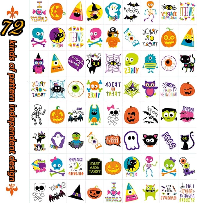 144 PCS Halloween Temporary Tattoos, Waterproof Pumpkin Tattoos Stickers for Kids Children Party Favors, 72 Patterns Multicolor