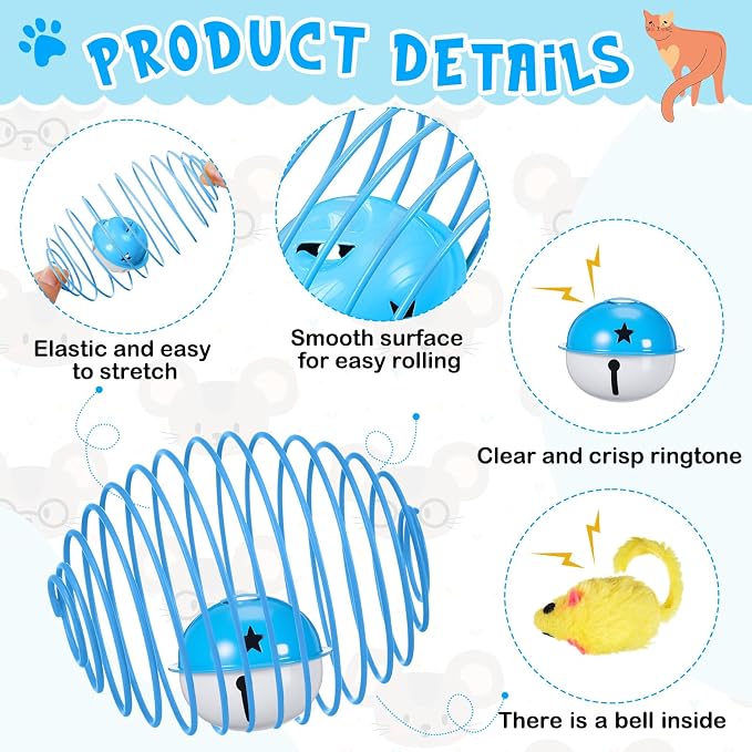 Jecery 5 Pcs Cat Toys Spring,Mouse and Bell,Multicolor
