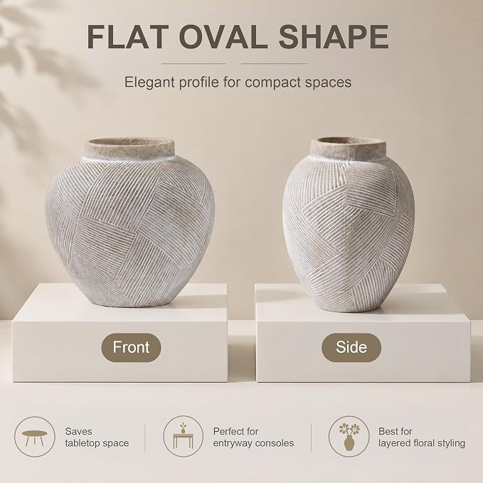 DREAMLOOM 7.7 Inch Flat Ceramic Flower Vase, Cream Grey | Textured, Farmhouse Vintage, Pottery Terracotta, Home Decor, Living Room Dining Table Wedding Centerpieces