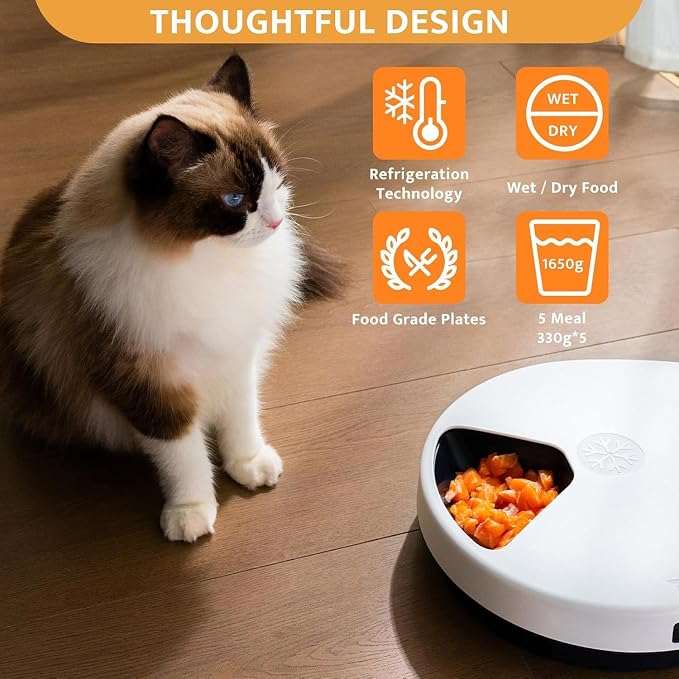 Cat Wet Food Automatic Feeder with Cooling, Semiconductor Refrigeration, with Timer, 5 Food Compartments for 330g Pet Food Each, Premium Meal Plates, Washable, for Cats (UBPET)