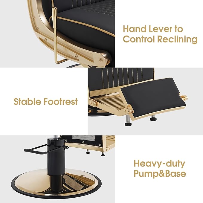 BarberPub Classic Barber Chair, 660Lbs Heavy-Duty Hydraulic Pump, Professional Reclining Salon Chair for Hair Stylist, Gold&Black, Barbershop, Salon&Spa Equipment for Adult 8334 (Black) (Black&Gold)