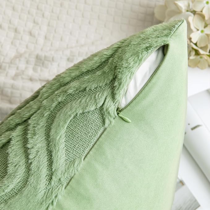 MIULEE Sage Green Soft Plush Faux Wool Euro Throw Pillow Covers 22x22 | Set of 2, Farmhouse Boho Home Decor, Decorative Cushion Covers for Sofa, Living Room, Bed