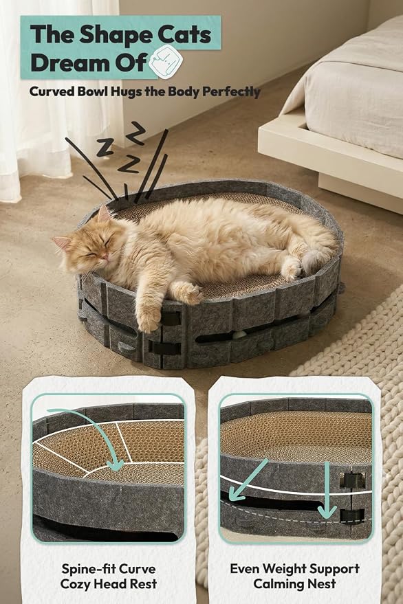 Cat Scratcher Bed, Oval Cardboard Cat Scratcher for Indoor Cats, High-Density Ergonomic Curved Cat Scratch Pad with Bell Ball Toy for Sleeping, Scratching & Mental Enrichment (Dark Gray, M)