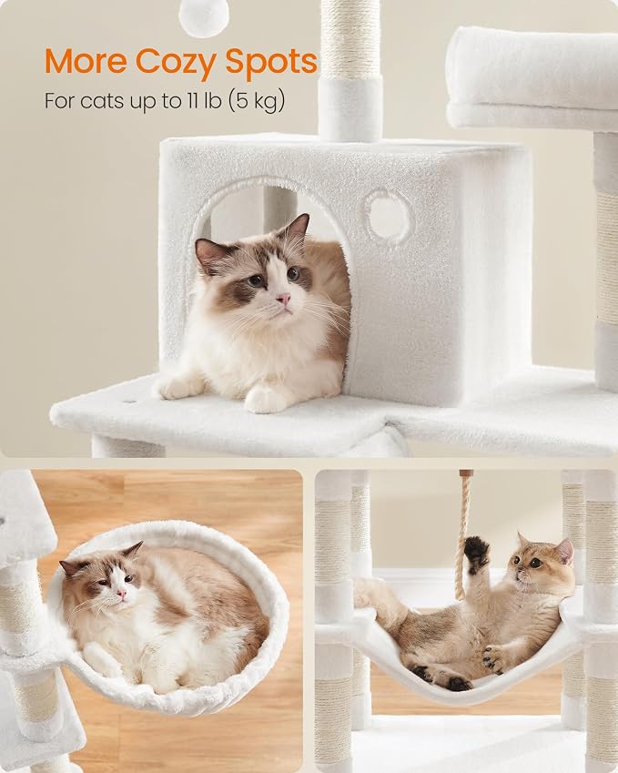 Feandrea Cat Tree, 66.1-Inch Large Cat Tower, Multi-Level Plush Condo with 13 Scratching Posts, 2 Perches, 2 Caves, Basket, Hammock, Pompoms, Cream White UPCT165T01