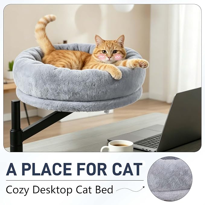 ANWA Cat Desk Bed for Indoor Cats, Heavy Duty Desk Hammock Cat Bed, Gray | 360° Rotating & Adjustable Height, Round 16.5" Cat Bed for Desk, Soft Faux Fur, Metal Frame (Max 45lbs), Cat Furniture