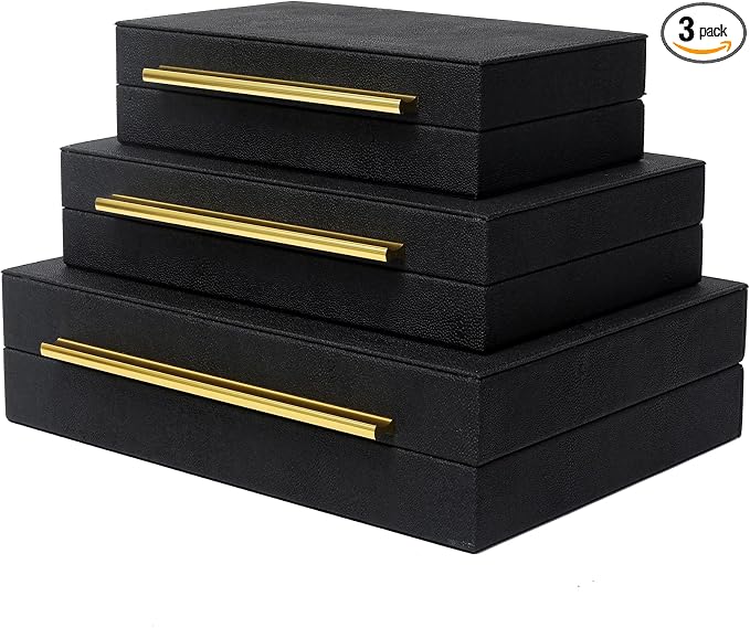 Faux Shagreen Decorative Stackable Jewelry Storage Boxes Set of 3,Black | Jewelry Organizers with Gold Metal Handles & Velvet Lining, Modern Black Box for Vanity, Entryway & Coffee Table Décor