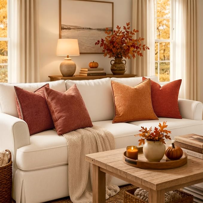 MIULEE Fall Decorative Couch Throw Pillow Covers 18x18 Inch Burnt Orange | 2 Pack, Terracotta Farmhouse Pillow Covers with Stitched Edge, Soft Chenille Cushion Cases, Sofa Bed Living Room Home Decor