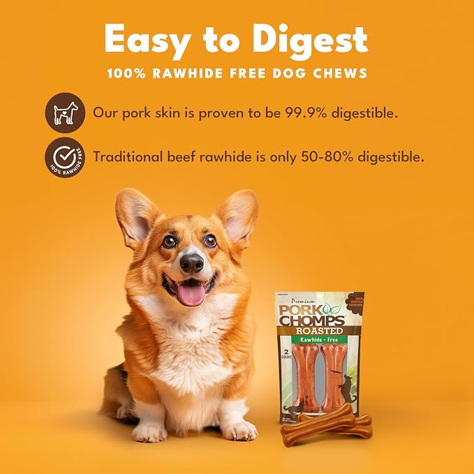 Pork Chomps Rawhide Free Pork Skin Dog Chew Bone, 4.5in, 2ct | Roasted, pressed pork skin chew. Long-lasting, high protein, low fat, healthy & delicious.