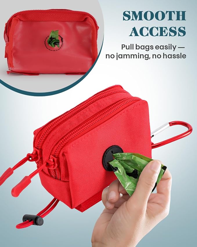 Dog Poop Bag Holder for Leashes, Red Doggie Waste Bag Dispenser and Treat Holder, with Carabiner Hook and Poop Bag Clip, Used Waterproof Wear-Resistant Fabric and 2 Zippered Pouches for Walking