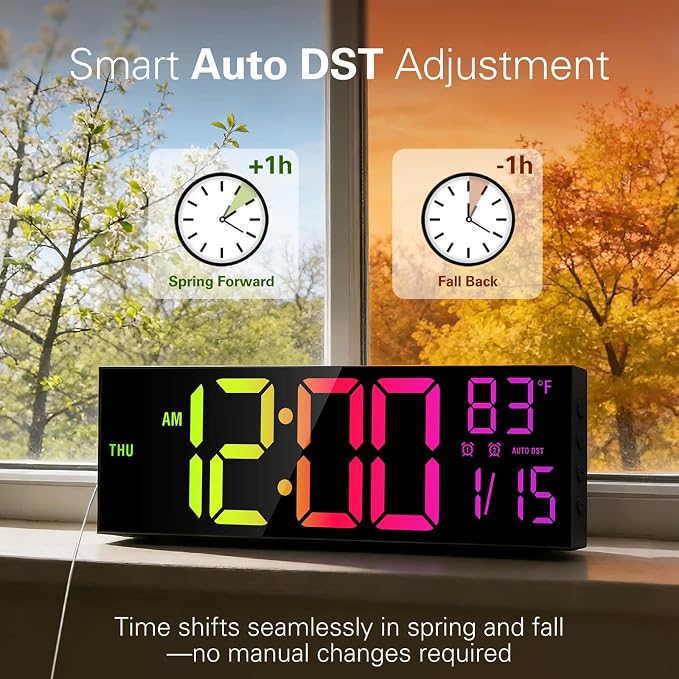 JALL 16" Large Digital Wall Clock with RGB Colors, Wall Clock for Living Room Classroom, Digital Clock with Temperature Timer, Classroom Decor for Teacher and School (Black, 16 inches)