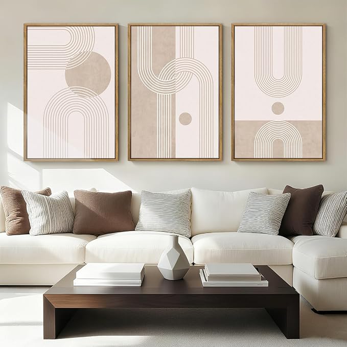ANHUIB Extra Large Neutral Boho Abstract Canvas Wall Art Set of 3 Framed Mid Century Modern Wall Decor Beige Geometric Line Artwork Minimalist Prints 24x36 Inch Painting for Living Room Bedroom Dining Room Office