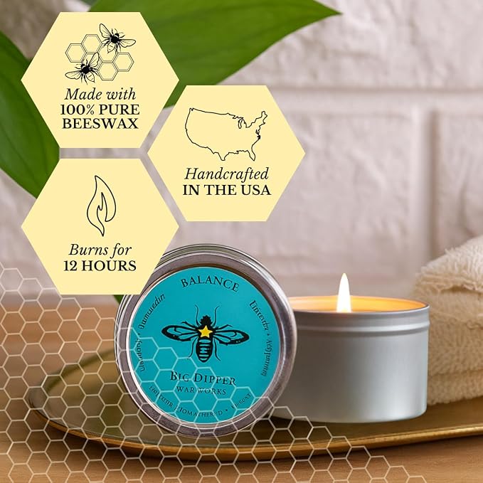 Big Dipper Wax Works Beeswax Aromatherapy Candle, Balance - Peppermint & Lavender Scented, Small Tin, 12-Hour Burn, Pure Essentail Oils, 1.5" x 1", Travel Size