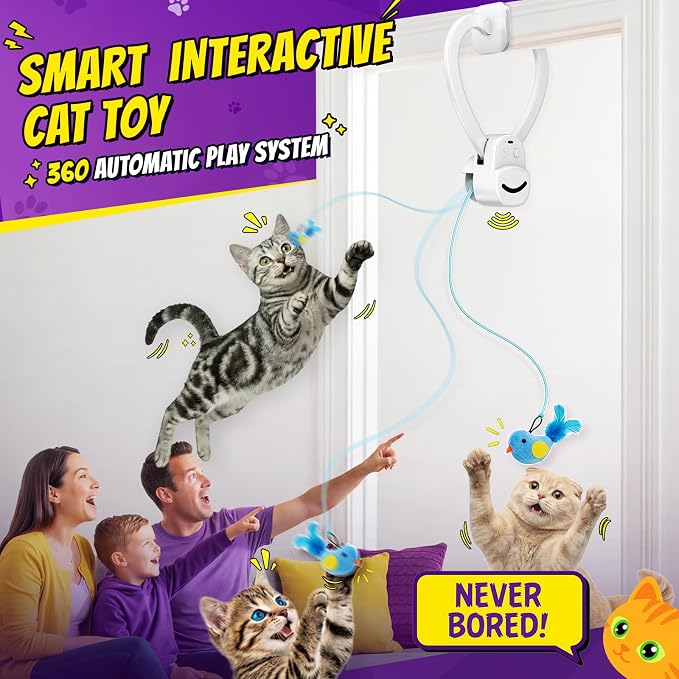 Interactive Cat Toys for Indoor Cats, Clip-On Automatic Flying Bird | USB Rechargeable Self-Play with Interchangeable Bird & Mouse Attachments for Bored Kittens and Adult Cats