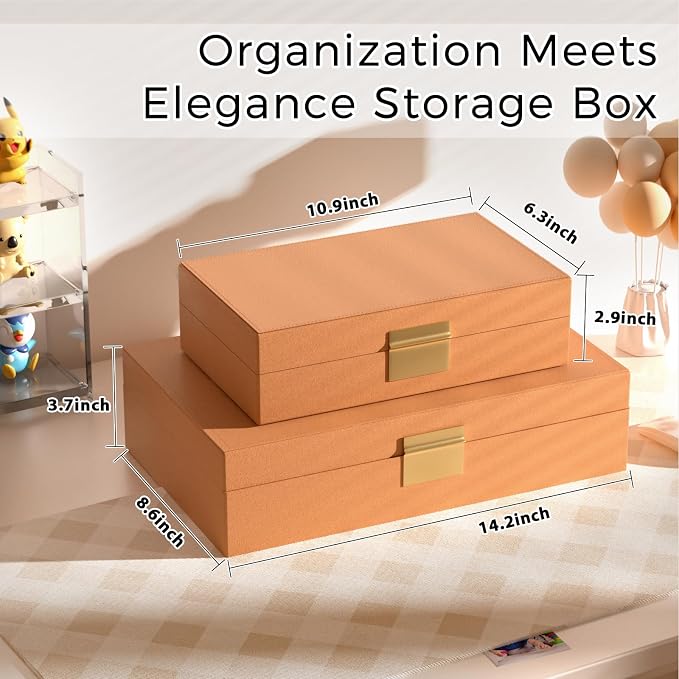 Decorative Storage Box Set of 2, PU Leather Organizer for Home Decor Brown | Multi-Purpose Beautiful Decorative Container with Lids Store Photos, Documents, Memory Box Keepsakes Collect, ideal for Gifts