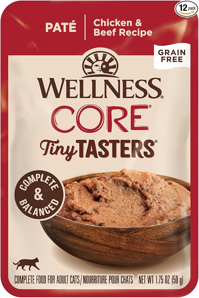 Wellness CORE Tiny Tasters Pate Adult Wet Cat Food, Natural, Protein Rich, Grain Free, Chicken and Beef Recipe, 1.75 oz, Pack of 12 Pouches